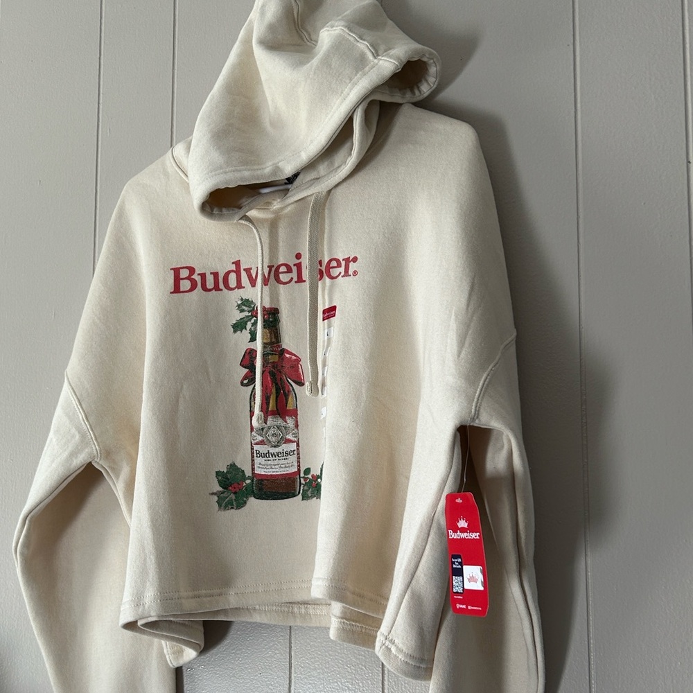 Budweiser Off-White Crop Tops Sweater Hoodie with Bottle Design - Picture 13 of 13